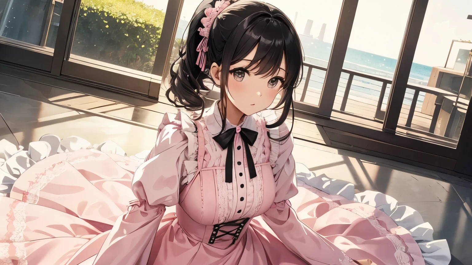 A beautiful woman wearing a pink and white long puff sleeve dress with lots of ruffles and lace Black hair ponytail with ribbon Upper Body