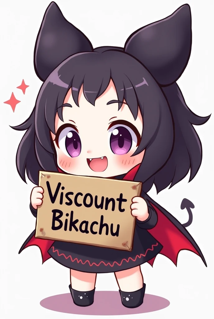 1girl, chibi style, vampire girl, holding fansign with text "Viscount" and text Bikachu", simple background
