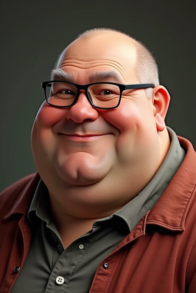 A fat white man, he wears a glass and bald, he looks kind and young