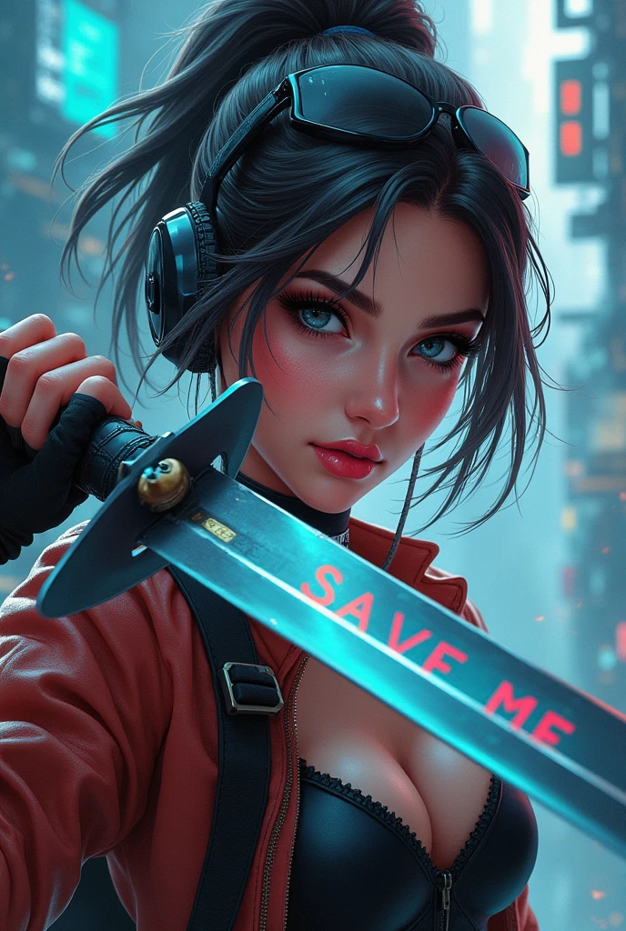 Cool Gamer Girl With A sword which is writen " Save Me "