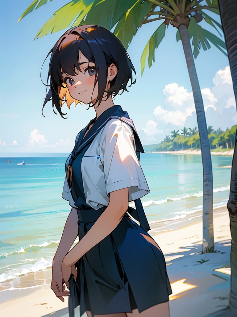  master piece, best quality, for below, cinematic angle, upper body , pigeon toed,  
Anime-style Moe illustration, yuri, summer vacation theme, 20-year-old, 2Girls, Beach,Tree Shade, short hair, 
Summer Casual, slightly inner thighs, smile, accurate drawing, Active pose, Active Angle, 