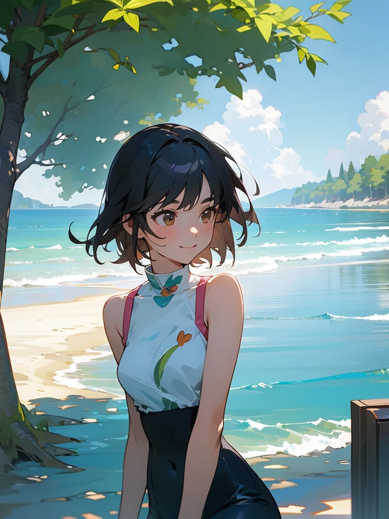 master piece, best quality, for below, cinematic angle, upper body , pigeon toed,
Anime-style Moe illustration, yuri, summer vacation theme, 20-year-old, 2Girls, Beach,Tree Shade, short hair,
Summer Casual, slightly inner thighs, smile, accurate drawing, Active pose, Active Angle,