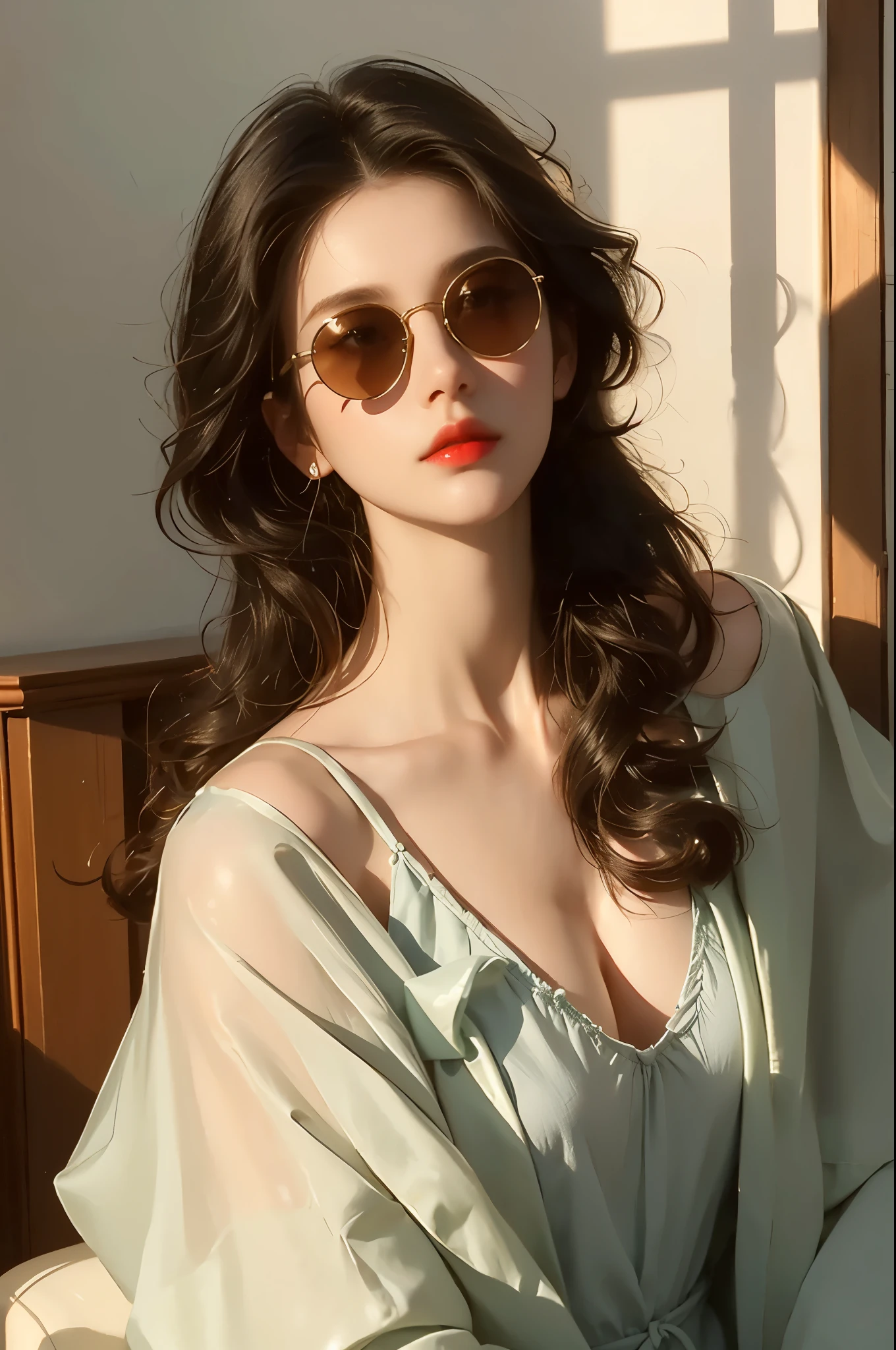 A girl with black curly hair stands in the hotel lobby,Sunglasses pinned to his head,Confident and beautiful, slightly raised chin