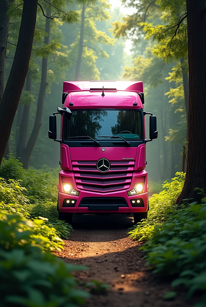 Mercedes Benz pink lorry in the dense forest on trail, with light on