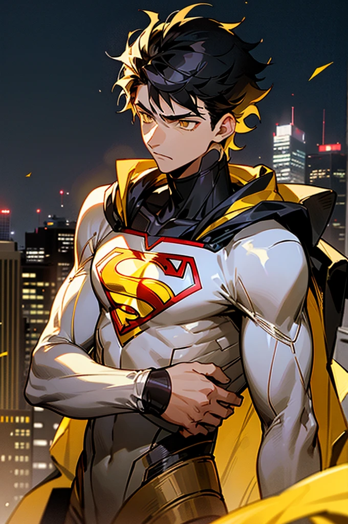 1male , Low taper fade , messy hair ,short hair, black Hair , golden Eyes , Lean , male , white Body Suit , Serious Expression , Modern City Background , Yellow S symbol on chest, modern city background, upper body, superman shirt, arm, white arm sleeves, black and yellow long sleeved jacket, superhero suit,