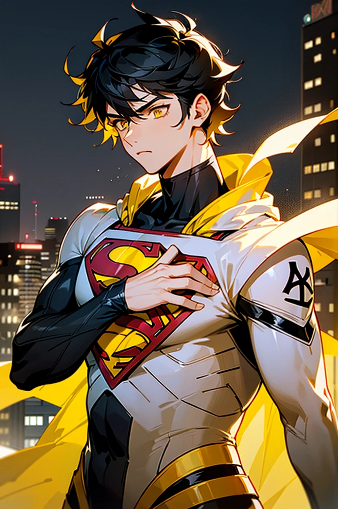 1male , Low taper fade , messy hair ,short hair, black Hair , golden Eyes , Lean , male , white Body Suit , Serious Expression , Modern City Background , Yellow S symbol on chest, modern city background, upper body, superman shirt, arm, white arm sleeves, black and yellow long sleeved jacket, superhero suit,