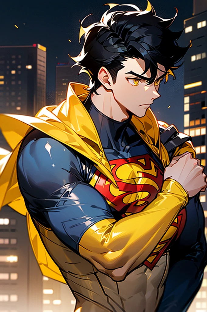 1male , Low taper fade , messy hair ,short hair, black Hair , golden Eyes , Lean , male , white Body Suit , Serious Expression , Modern City Background , Yellow S symbol on chest, modern city background, upper body, superman shirt, arm, white arm sleeves, black and yellow long sleeved jacket, superhero suit,