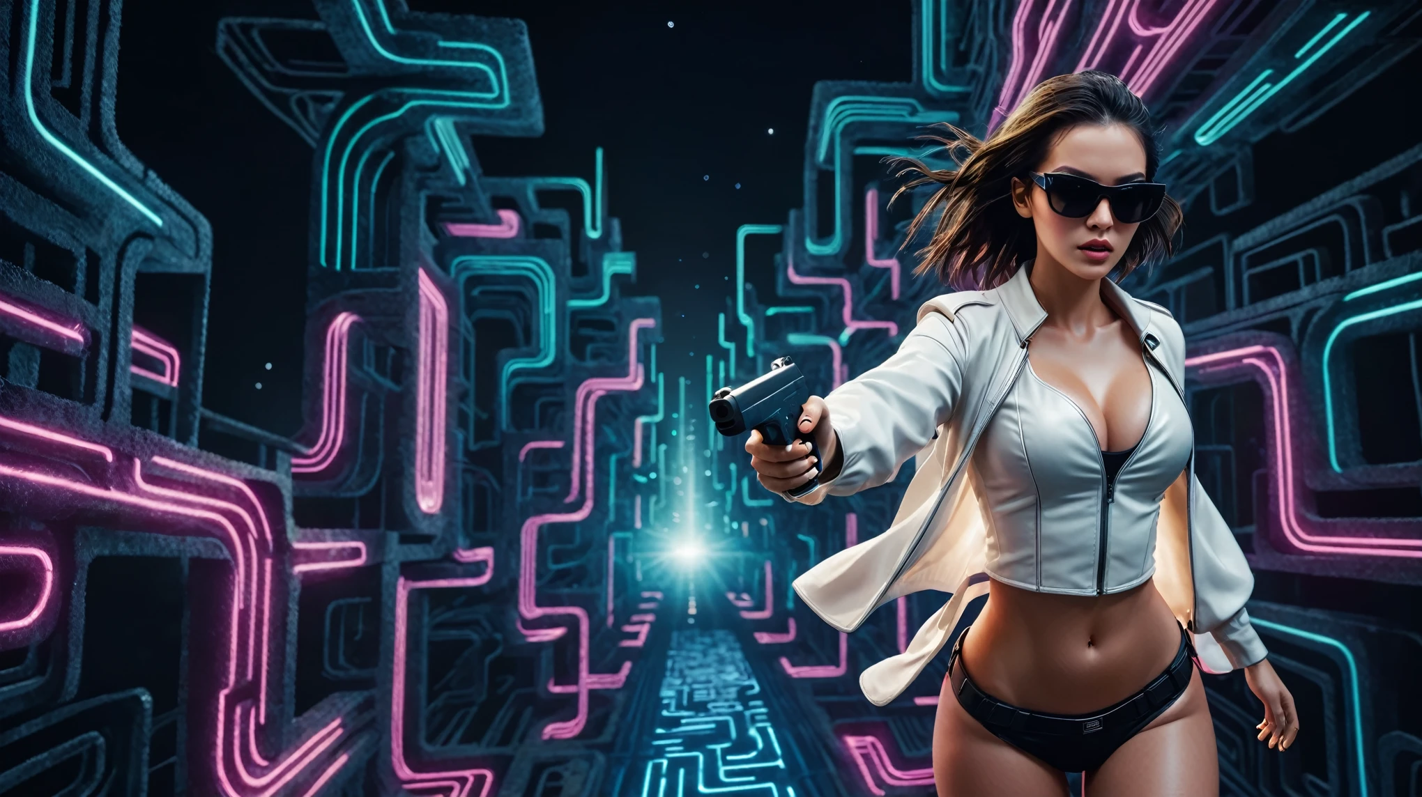 Aerial view, (flying vehicle), sci-fi outdoor maze as background. Matrix style, at night, dark sky. (1girl, solo), photo realistic, large-breast:1.2 slim:0.9 body, cleavage:1.2, tube top, miniskirt, (matrix style black sunglasses), (holding a mini:1.1 stun gun), half-body thigh level medium shot, cinematic lighting, ray tracing.