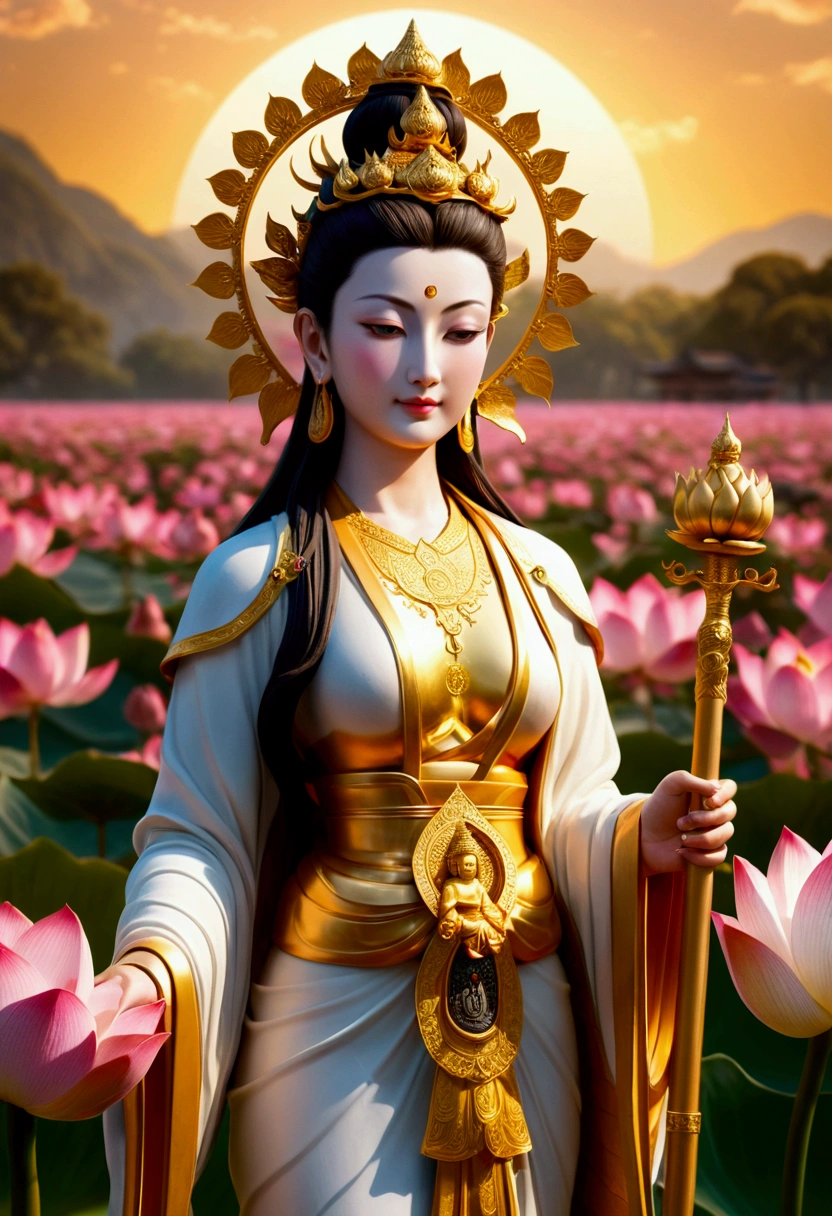 "In detailed 8K RAW photos，Unrivaled quality, 捕捉Buddha (Buddha), Show compassion, in front of, In human form. Emphasizes her direct gaze on the viewer, Delivering warmth with a calm smile, And highlight that she holds a long scepter (monk&#39;staff) In her right hand. Wearing clothing that symbolizes her role as mediator between the divine and human worlds, Prime Time，Standing in front of a glade full of flowers，Each flower represents tranquility and light。. This surrealist masterpiece, A strong atmosphere of peace, Provokes deep reflection and connection.Put on your headphones"