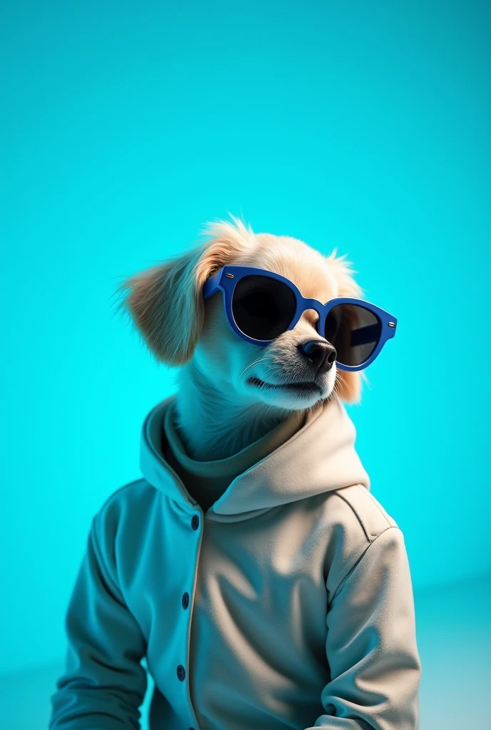 The best cell phone wallpaper, Award-Winning Wallpaper, portrait photography, In the front view is a portrait of a cute dog wearing mid-1960s space age fashion, Side view photo, Shot with Canon EOS R5, Set a strong contrast that accentuates the subject, Fluorescent blue tone, Wearing a very modern coat and sunglasses is a modern 1960s style, Clothes all in one color, beautiful background