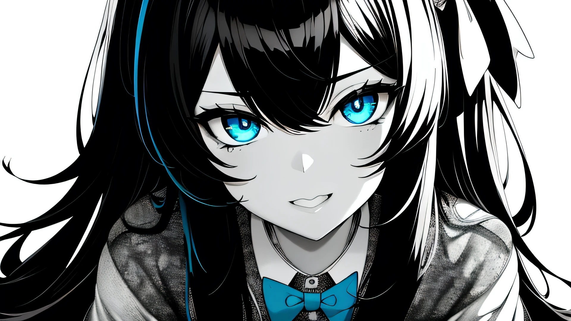 White Background, grayscale ,(Line art:1.2), bow tie, Black hair band, Black Skirt, woman, Collared shirt ,(blue eyes:1.2), sketch, Monochrome, Blue and Black ,squint、Stranger、See others、Ahegao , Stupid,Sexual Ecstasy,Drunk Eyes,Blunt bangs, Black Hair, (Beautiful, detailed eyes: 1.2), (Detailed Background,Dark fantasy), (Beautifully detailed face), High Contrast, (Best lighting, Very delicate and beautiful), ((Cinematic Light)), colorful, Hyper Detail, Dramatic Light,
