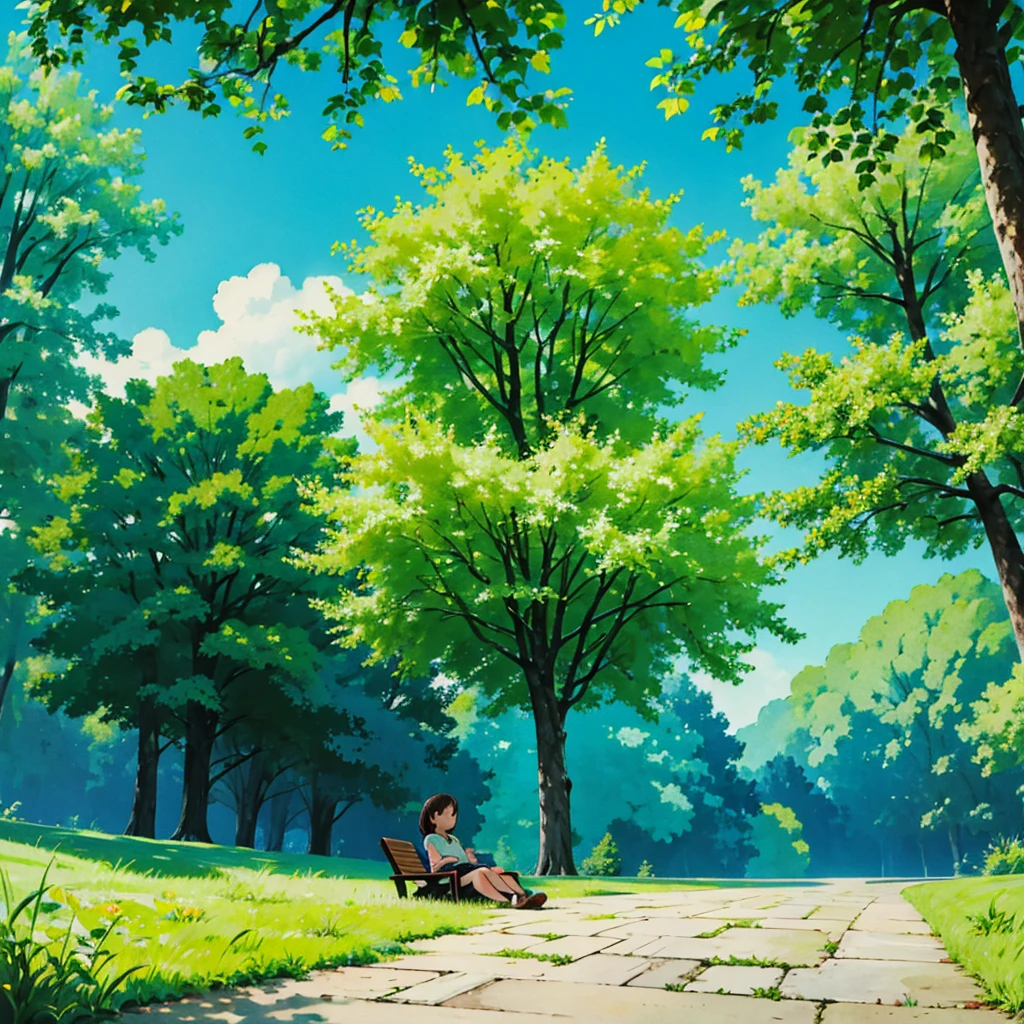 a girl is listening to music, chilling in the park, greenery, blue sky, sunshine, , relaxing feeling