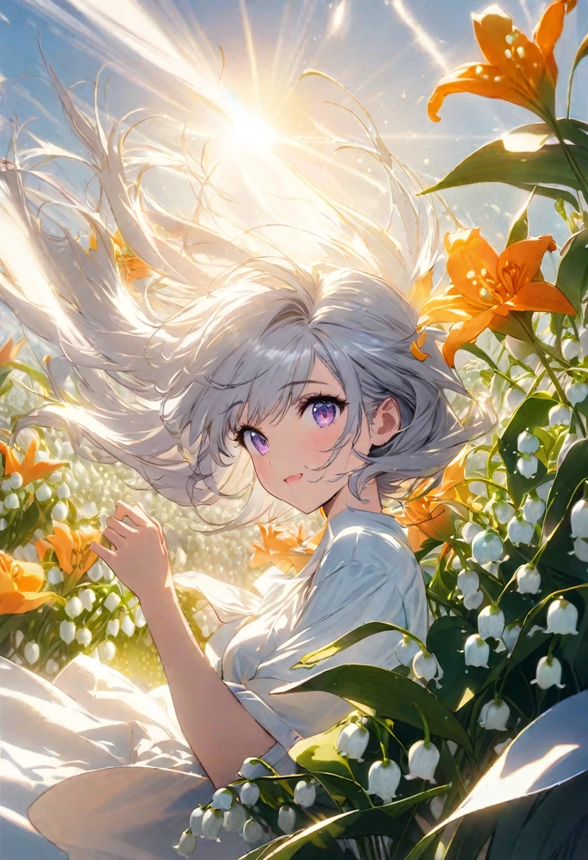 best quality, Super Fine, 16K, Ridiculous, Extremely detailed, Beautiful girl buried in white lily of the valley flowers, orange lily, and Violet, Happy look, shining silver hair waving in the wind, wind, wind-effect, sunlight shining through, Mixed Art, Mixed Art, Design Art, Single ponytail, Sailor Suit