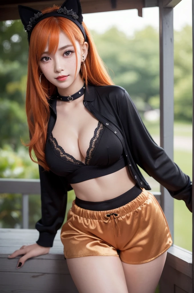 Pretty Asian girl, idol, extremely detailed CG, 8K High Quality, Depth of field, Cinematic Light, Lens Flare, Ray tracing, beautiful lips, lots of cute soft freckles, beautiful detailed eyes, intricate detail face, ultra detailed skin, 1girl, in the dark, deep shadow, front shot, face forward, she has red lipstick, big eyes, black eyes, random position, pale skin, flashy orange hair, orange eyebrows, very small perky breasts, very nice detailed cleavage, looking at viewer, coy smile, she has lots of tattoos, must wear a shirt, (she wear low waist tight soft pale VELVET dolphin shorts), tight t-short with logo that matches shorts, wide gap between thighs:1.6, view full body from head to toe shot, navel piercing, wear cat ears headband, wear high thighs socks , loops earrings, piercings, jewelry, lots bracelets, at the amusements park, (Intense sex appeal of young women), (woman who makes erotic temptations), (she reaches an amazing orgasm)
exhibiting idol-like features, emerges from the depths of shadow in an extremely detailed CG Unity 8K wallpaper. Her beautifully sculpted face boasts intricate details, with ultra-detailed skin that appears almost alive, midriff, she's thick