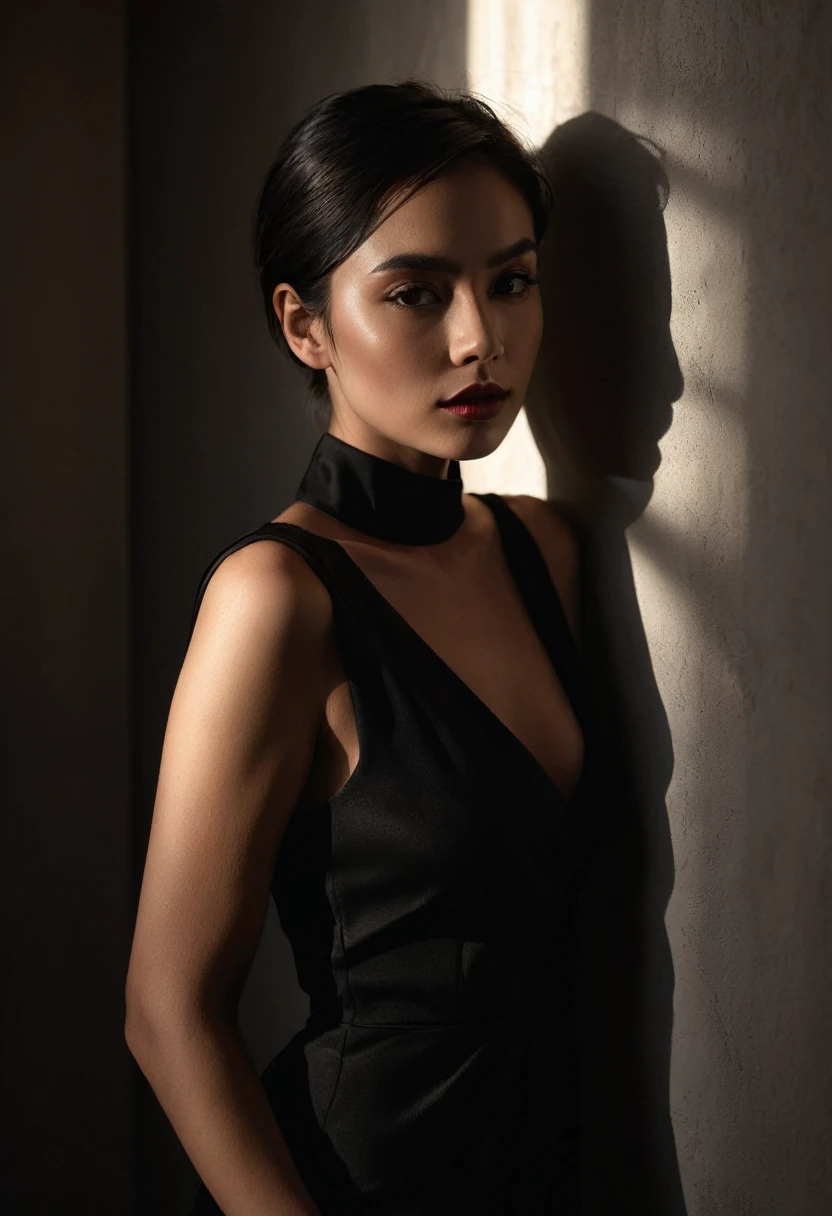 woman bathed in soft light, leaning against a wall, looking into the camera in a moment of raw emotion. Her attire is minimal, accentuating her beauty with the dramatic shadows cast by the lighting. The background is stark, with sharp contrasts highlighting the contours of her form. The red and black palette intensifies the mood, evoking a sense of mystery and allure. Subtle film grain and meticulous shading add depth and texture, emphasizing the emotional gravity of the scene. The lighting creates a chiaroscuro effect, accentuating her expressive pose and the intense atmosphere.