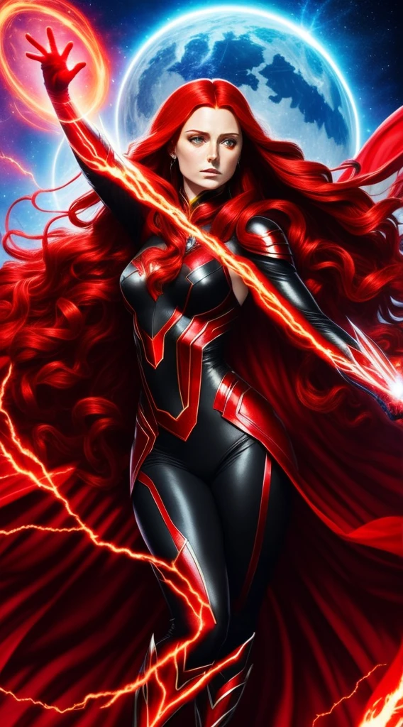 Scarlet Witch and Jean Gray Black Phoenix Fusion, Sexy Body Long Red Hair, Full Body, Power of Creation and Destruction, Flying, White Costume with Red, Phoenix Symbol in the Middle, Red Crown, Flaming Eyes, Cosmic Entity, Powerful, Beautiful Face , Destroyed planets in the background, SOPHIE TURNER