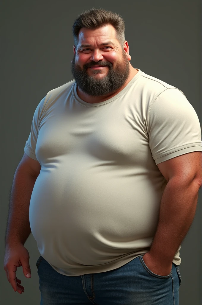 An American man aged 40 to 50 years has a strong, slightly plump stature, where his round belly is particularly noticeable. This belly is covered with dense, covered with dark hair, which gave him a distinctive, masculine appearance. His complexion is healthy, maybe a little browned, as if he spends a lot of time outdoors. His face shows first signs of age, with slight wrinkles around the eyes and mouth, that testify to life experience, but overall he still seems youthful and dynamic. His hair is usually full, possibly in a dark brown or with the first grey strands.
He often wears casual clothes like a T-shirt or a polo shirt, that emphasizes his figure, combined with jeans or cargo pants. His charisma is confident and relaxed, as if he is at peace with himself and his life. It could be, that he has a touch of humor and serenity in his gaze, what makes him likeable and approachable.