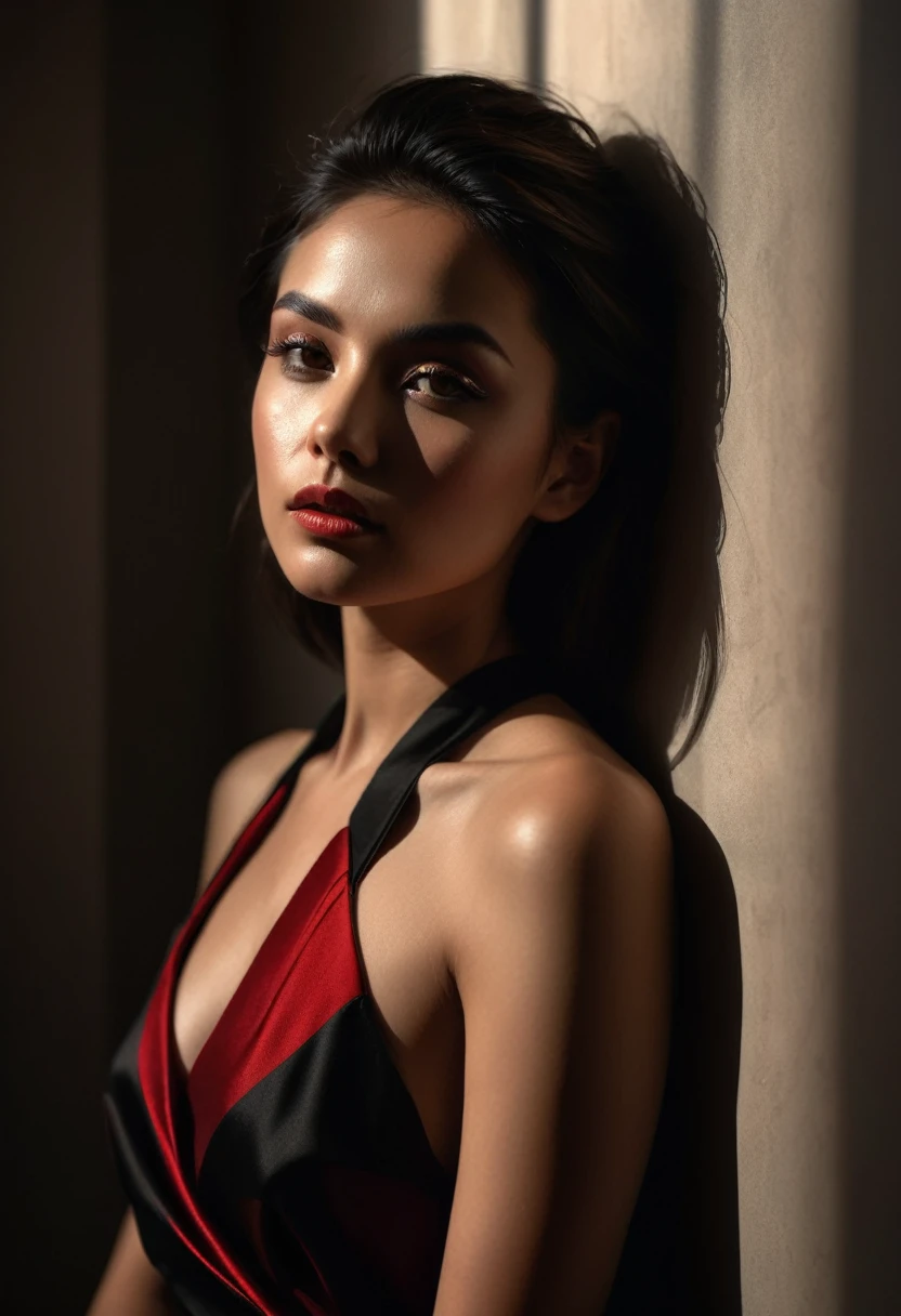 woman bathed in soft light, leaning against a wall, looking into the camera in a moment of raw emotion. Her attire is minimal, accentuating her beauty with the dramatic shadows cast by the lighting. The background is stark, with sharp contrasts highlighting the contours of her form. The red and black palette intensifies the mood, evoking a sense of mystery and allure. Subtle film grain and meticulous shading add depth and texture, emphasizing the emotional gravity of the scene. The lighting creates a chiaroscuro effect, accentuating her expressive pose and the intense atmosphere.
