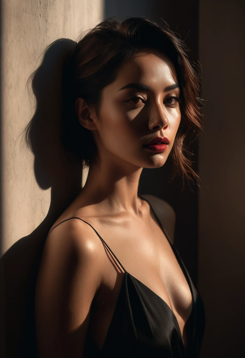 woman bathed in soft light, leaning against a wall, looking into the camera in a moment of raw emotion. Her attire is minimal, accentuating her beauty with the dramatic shadows cast by the lighting. The background is stark, with sharp contrasts highlighting the contours of her form. The red and black palette intensifies the mood, evoking a sense of mystery and allure. Subtle film grain and meticulous shading add depth and texture, emphasizing the emotional gravity of the scene. The lighting creates a chiaroscuro effect, accentuating her expressive pose and the intense atmosphere.
