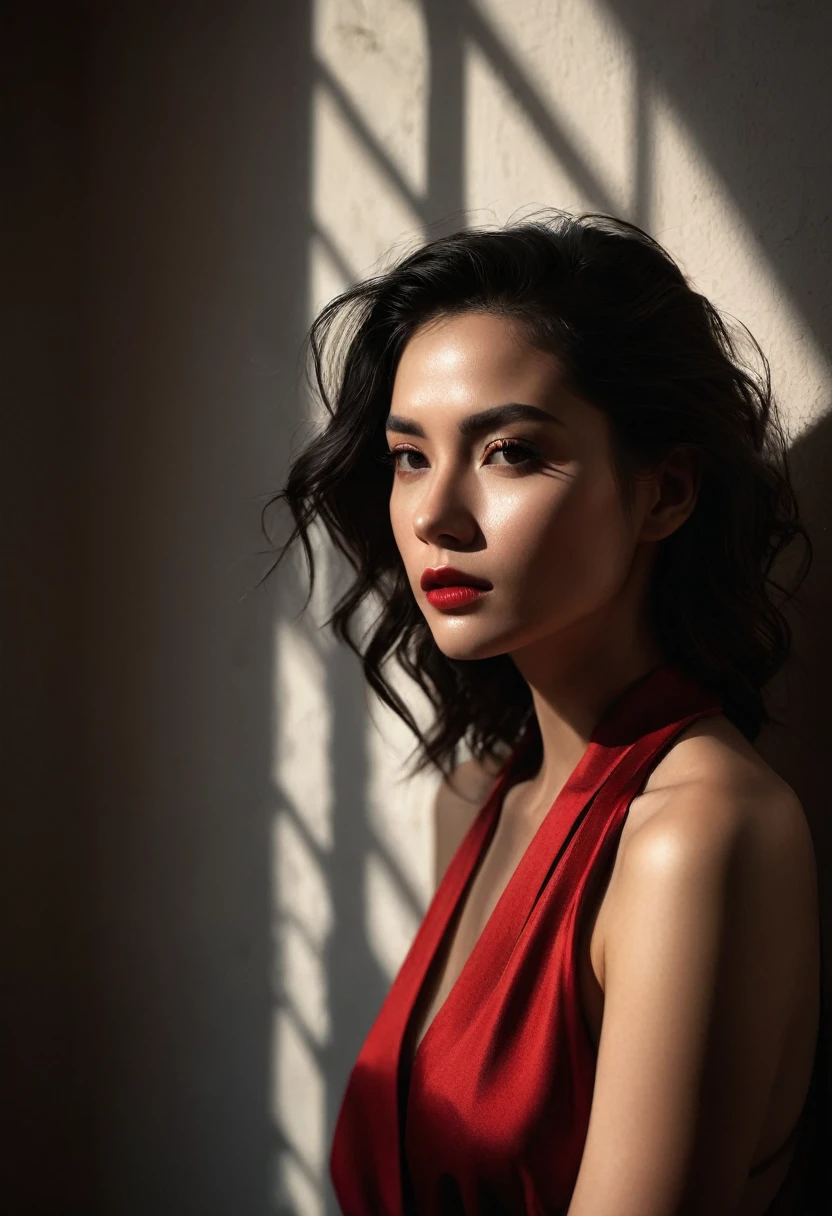 woman bathed in soft light, leaning against a wall, looking into the camera in a moment of raw emotion. Her attire is minimal, accentuating her beauty with the dramatic shadows cast by the lighting. The background is stark, with sharp contrasts highlighting the contours of her form. The red and black palette intensifies the mood, evoking a sense of mystery and allure. Subtle film grain and meticulous shading add depth and texture, emphasizing the emotional gravity of the scene. The lighting creates a chiaroscuro effect, accentuating her expressive pose and the intense atmosphere.
