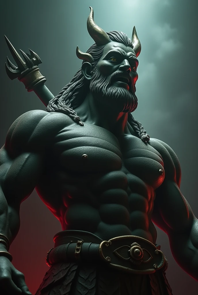 Vajra statue　force　Looking up from below　The background is dimly lit　Muscular々　A spiky iron club in his right hand　shoulder　Abdominal muscles　Pectoral muscle　Glare　Glare　close