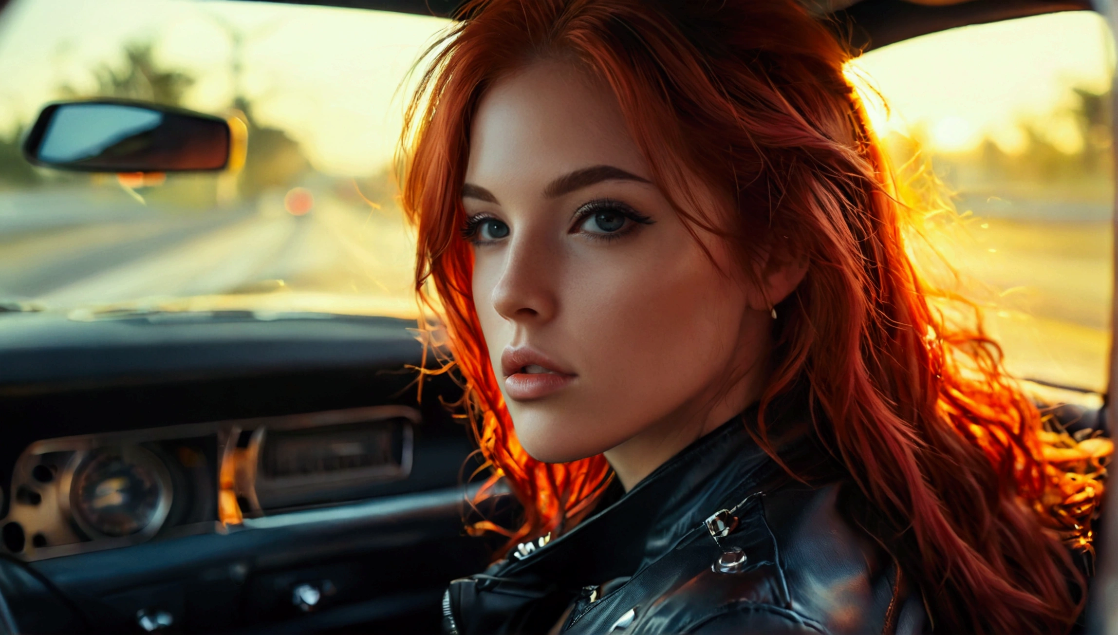 ultra realistic, photography, long red hair, girl, 24 years old, hourglass figure, perfect body, small breasts, Flirty look, extremely detailed artgerm, in the style artgerm, facing the camera, lens 35 mm, blur background, black chevrolet camaro SS 1968, driving her car on the highway with the windows open, wearing a leather jacket, tight tshirt, tight leatherpants, leatherboots,