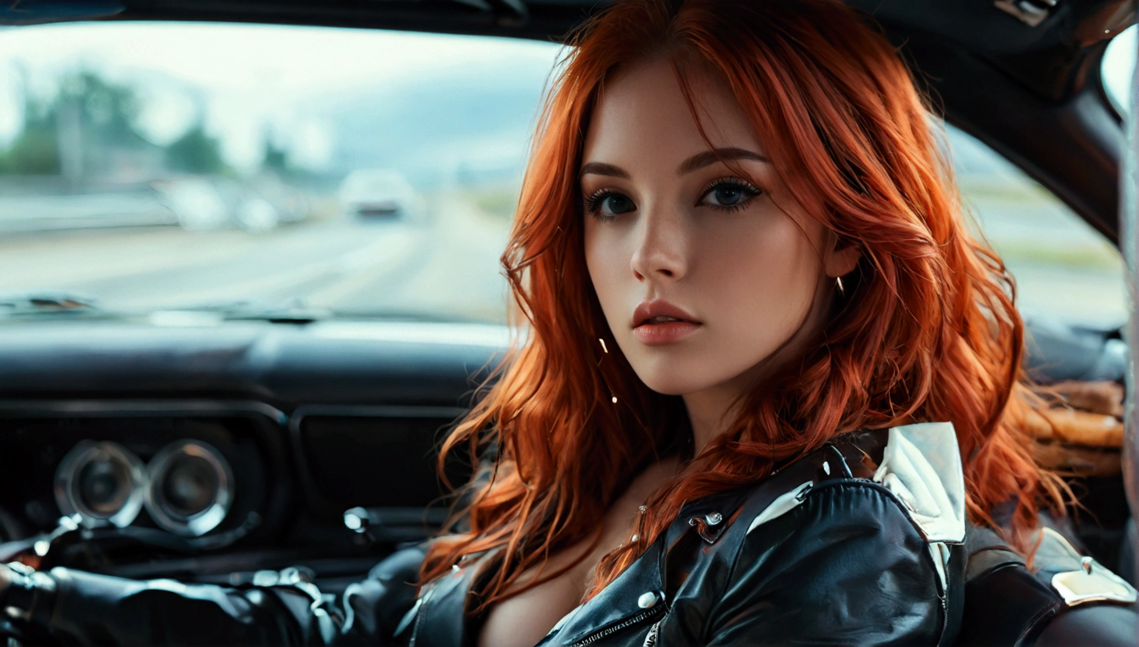 ultra realistic, photography, long red hair, girl, 24 years old, hourglass figure, perfect body, small breasts, Flirty look, extremely detailed artgerm, in the style artgerm, facing the camera, lens 35 mm, blur background, black chevrolet camaro SS 1968, sitting in the drivers seat with door open and feet on the ground on the street, leather jacket, tight tshirt, leatherpants, leatherboots, 