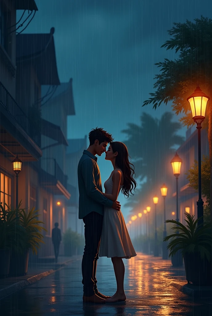 Dark rainy night with two couple romance animated 

