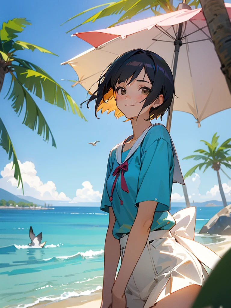  master piece, best quality, for below, cinematic angle, upper body , pigeon toed,  
Anime-style Moe illustration, yuri, summer vacation theme, 20-year-old, 2Girls, Beach,Tree Shade, short hair, 
Summer Dress, slightly inner thighs, smile, accurate drawing, Active pose, Active Angle, 