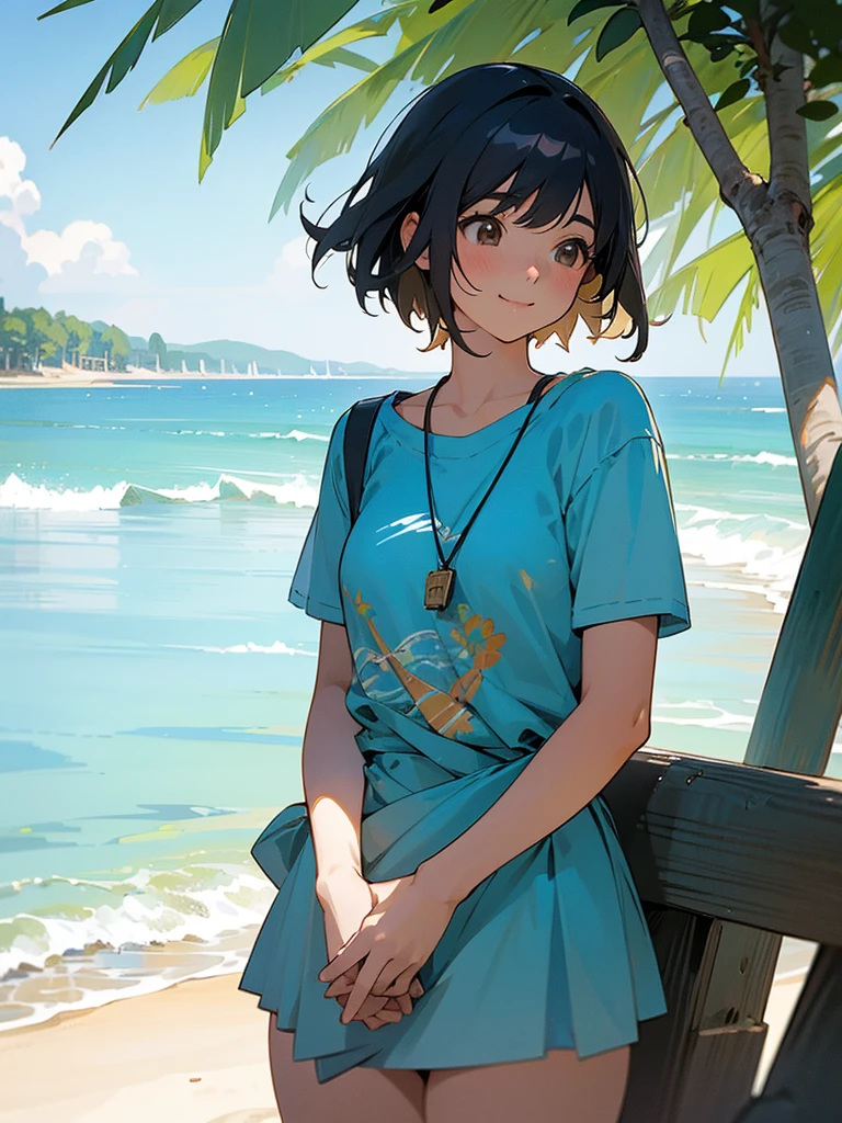 master piece, best quality, for below, cinematic angle, upper body , pigeon toed,
Anime-style Moe illustration, yuri, summer vacation theme, 20-year-old, 2Girls, Beach,Tree Shade, short hair,
Summer Casual, slightly inner thighs, smile, accurate drawing, Active pose, Active Angle,