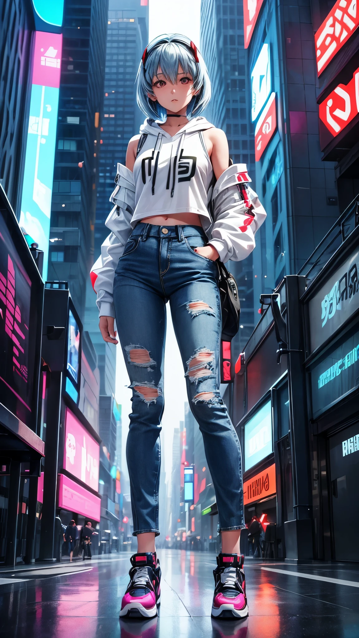 A girl with straight, long shoulder-length hair who resembles Rei Ayanami, Wearing streetwear denim pants and headphones, Blue hoodie, In the chest「Future Funk」it is written like this, In a vibrant, futuristic cityscape lit by neon lights. Standing in the middle of a big intersection