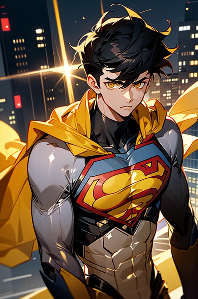 1male , Low taper fade , messy hair ,short hair, black Hair , golden Eyes , Lean , male , white Body Suit , Serious Expression , Modern City Background , Yellow S symbol on chest, modern city background, upper body, superman shirt, arm, white arm sleeves, black and yellow long sleeved jacket, superhero suit,