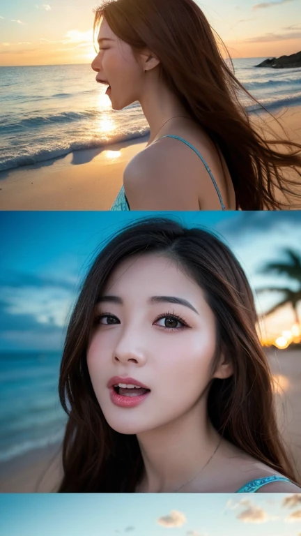  Highest quality, figure, Very detailed, In detail, High resolution, 8k wallpaper, Perfect dynamic composition, Beautiful attention to detail, Wear a dress, Natural color lip,Beach, ランダムでcuteポーズ, Kissing Face,close your eyes,Face Kiss Viewer,Perfect and beautiful face,cute,Sexy Face,sunset,Ecstatic face,Feminine face,Expression of excitement and climax during sex