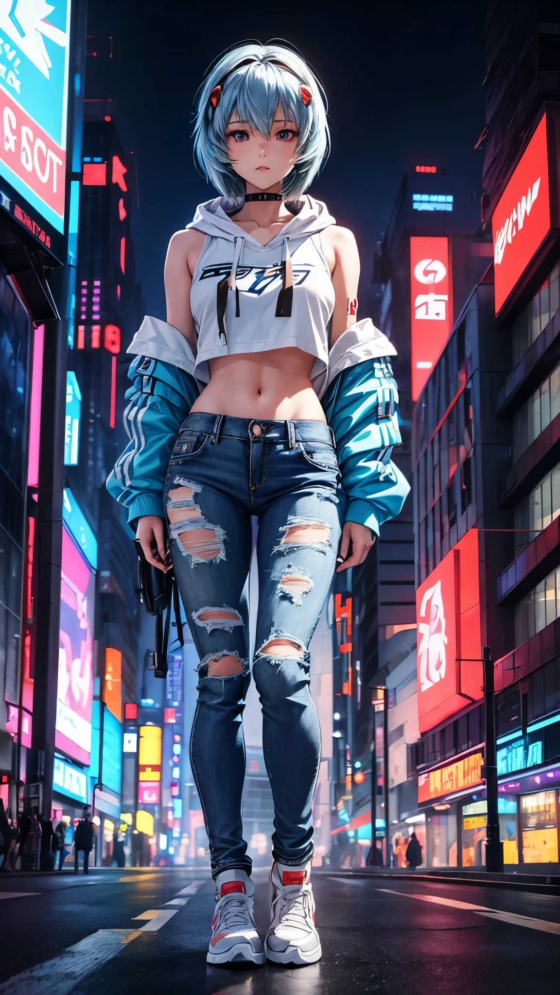 A girl with straight, long shoulder-length hair who resembles Rei Ayanami, Wearing streetwear denim pants and headphones, Blue hoodie, In the chest「Future Funk」it is written like this, In a vibrant, futuristic cityscape lit by neon lights. Standing in the middle of a big intersection