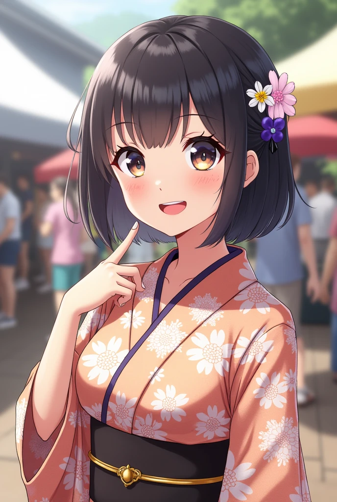 A Japanese person wearing a yukata at a summer festival and smiling with their teeth showing2Female in her 0s