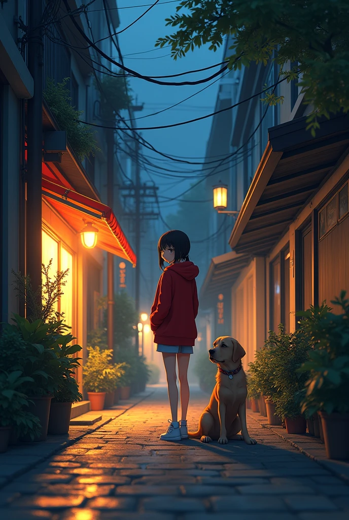 A girl in a red hoodie and shorts stands in a quiet, illuminated alleyway, gazing at a golden retriever beside her. The wet pavement reflects the warm light from nearby cafes and street lamps, while the surrounding buildings are adorned with potted plants. The scene captures a tranquil evening atmosphere, enhanced by tall trees and strung overhead wires. Anime style image 8k view