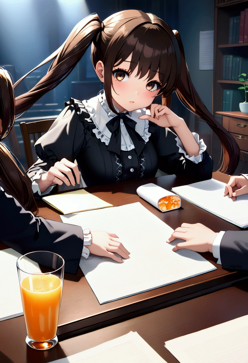 (nsfw:1.5)((垂れeye)),(((Twin tails))),Dark brown hair,pupil_Black,pupil_big,eye_small,Baby Face,round face,8k wallpaper, (shape:0.8), (Beautiful attention to detail:1.6), Highly detailed face, Perfect lighting, Extremely detailed CG, (Perfect hands, Perfect Anatomy),Gothic Lolita,Her occupation is novelist,Meeting at the publisher,office,Discussing with editor,Large table,document,sweets,orange juice,A fun meeting,