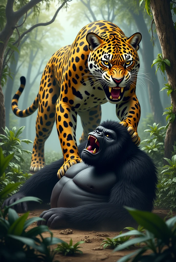 {
  "size": "1024x1024",
  "prompt": "A dramatic scene in a dense jungle where a powerful jaguar emerges victorious over a defeated gorilla. The jaguar, sleek and muscular with golden fur and black rosettes, stands triumphantly over the fallen gorilla, baring its teeth in a menacing snarl. The gorilla, massive and strong, lies
