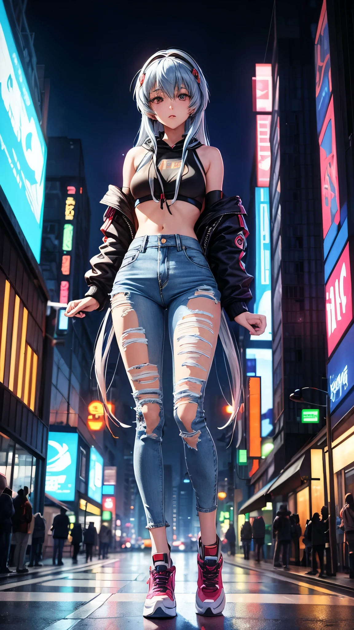 A girl with straight, long shoulder-length hair who resembles Rei Ayanami, Wearing streetwear denim pants and headphones, Blue hoodie, In the chest「Future Funk」it is written like this, In a vibrant, futuristic cityscape lit by neon lights. Standing in the middle of a big intersection