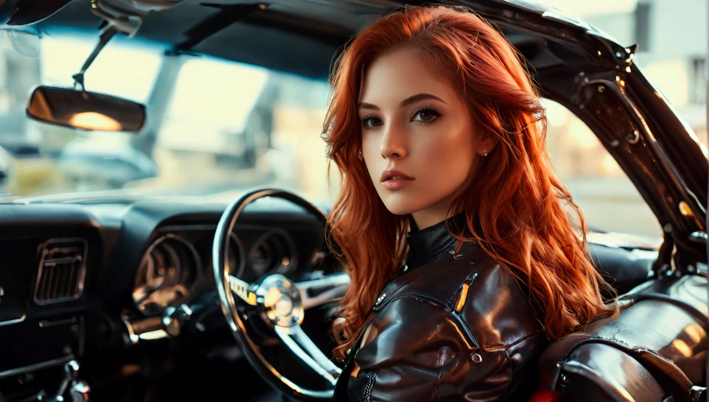 ultra realistic, photography, long red hair, girl, 24 years old, hourglass figure, perfect body, small breasts, Flirty look, extremely detailed artgerm, in the style artgerm, facing the camera, lens 35 mm, blur background, black chevrolet camaro SS 1968, she is standing next to the car, leather jacket, tight tshirt, tight leatherpants, leatherboots,