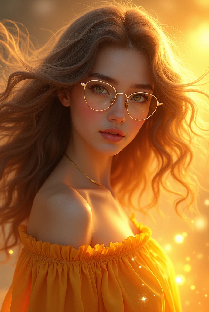 Beautiful girl with a wavy hair and eyeglass, she has the power of the sun, she is color yellow