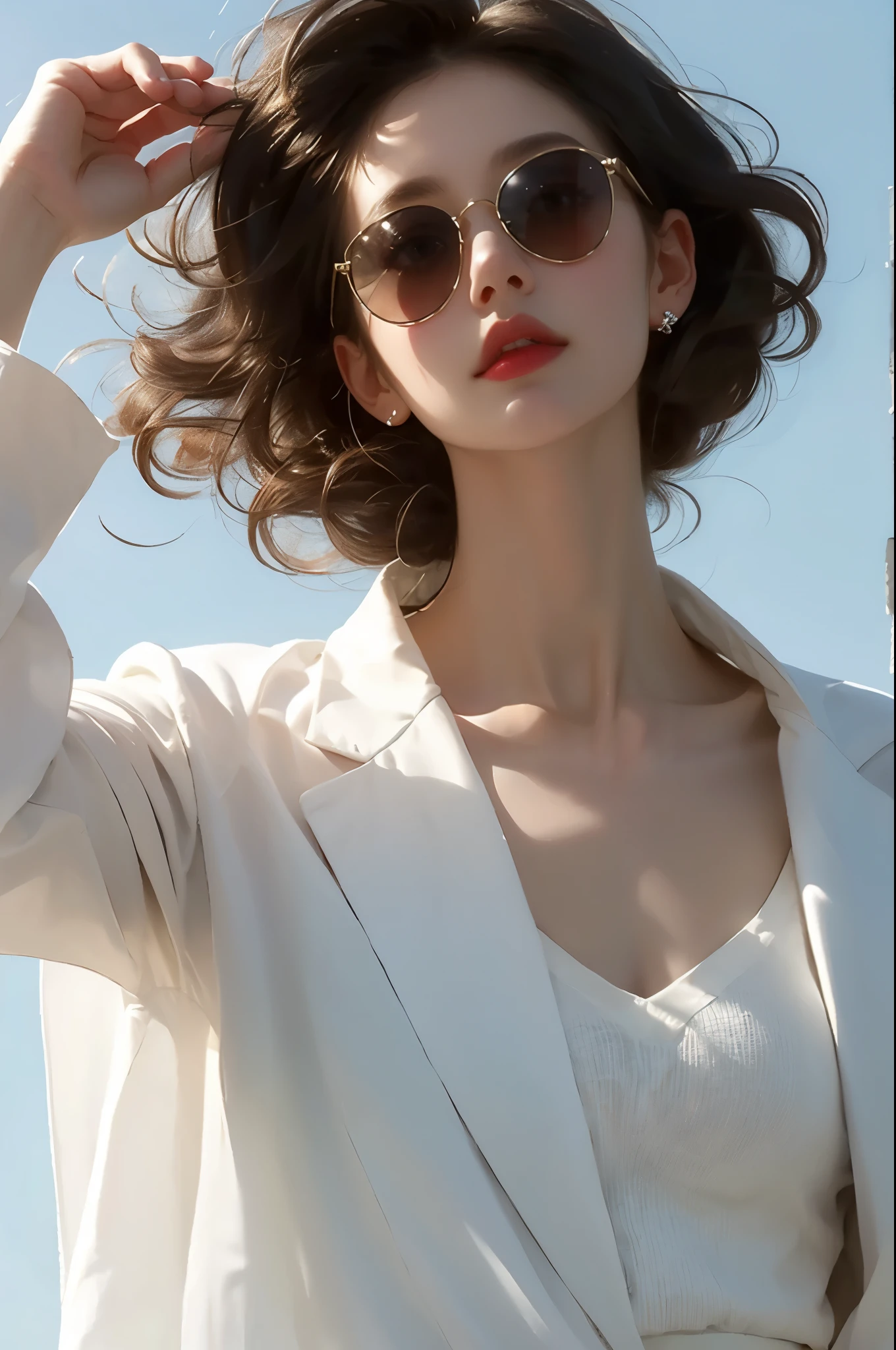 A girl with black curly hair wearing a white suit,Sunglasses pinned to his head,Confident and beautiful, slightly raised chin