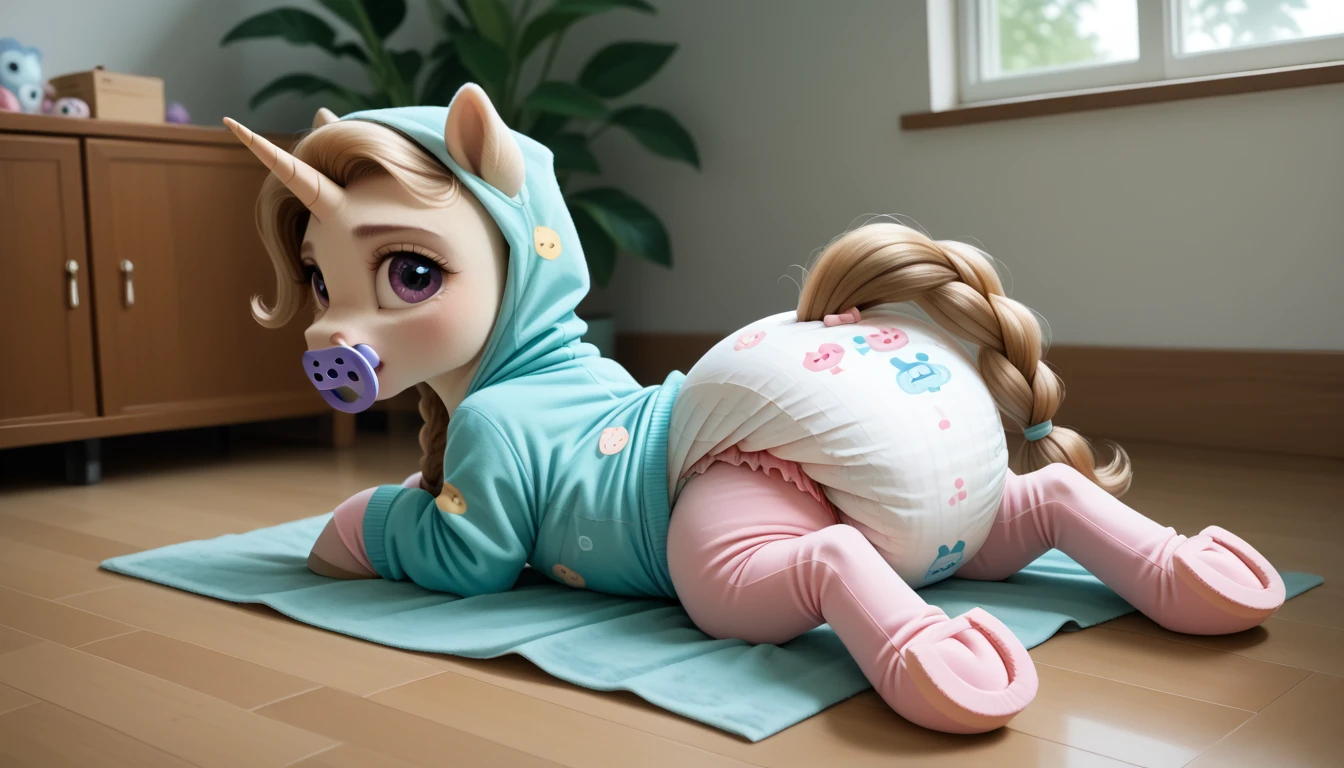 pony, light caramel unicorn, adult filly, plum eyes, lush mane braided, bushy tail, sitting in the room on a soft play mat, dressed in an onesie and booties, pacifier in mouth, solo, thick diaper under clothes, bulge on the back of the diaper, between the hind hooves and on the front of the diaper, sagging diaper.