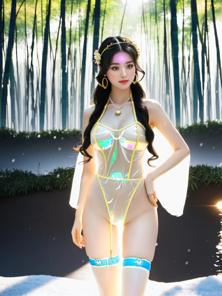 A female model, ((night, bamboo forest, moonlight, snow)), (8K Ultra HD, 8K, Ultra-high resolution, best quality, masterpiece, Surrealism, Digital SLR Camera, Soft Light, Bokeh, Masterpieces), ((((Beautiful model-like face))), (Creating the image of a real girl), warm light, Realistic shadows, Dynamic poses, Elegant Posture, Cowboy lens, Full body front view, Be confident, Body facing the camera, Standing facing the camera, Open your legs slightly, Golden Ratio Graphics, Minimalism), (Happy smile, Big watery eyes, Cherry Blossom, Balanced Eyes, Perfect beautiful face, Normal facial features, Realistic skin, Attention to skin details, Skin is clean and radiant, Whitening, Perfect body, cosmetic, earrings, bracelet, necklace, Jewelry, veil, Hair accessories, Headdress), ((beautiful hair), black hair, Wavy curly hairstyle, Waist-length hair, Messy Hairstyle, Gradient hairstyles, Cyberpunk hairstyle), ((Transparent clothes:1.5), (The color of the clothes: Lemon colored), Transparent Clothes, See-through clothes, Transparent Clothes, Tulle clothes, Mesh clothes, Transparent sci-fi clothes, Shiny micro bikini bra, (Clothes that accentuate your bust shape)), (Sexy的, Perfect breast shape, Teardrop chest shape, Snow-white breasts, very detailed breasts, 34E cup), (Super high waist, Deep V, Low-cut, Sexy, Flattering, , (Camel toe, High fork strangulation)), (sock, Knee socks, 吊garter, Leg ring, garter, 腿部garter), (style:Sexy)