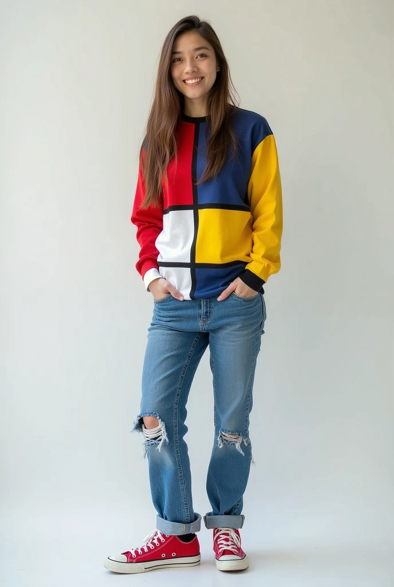One Woman,Brown long hair,Have a happy face、He is wearing a shirt with Mondrian's Composition pattern.,The shirt is made up of red, yellow, blue and white squares.,Blue jeans,hands in jeans pockets、Red sneakers,Standing with weight on the right foot、Simple Background、Taken with a Fujifilm SLR