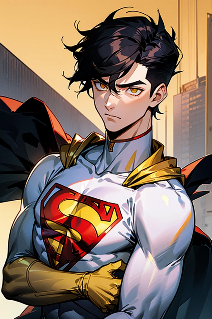 1male , Low taper fade , messy hair ,short hair, black Hair , golden Eyes , Lean ,teen male , white Body Suit , Serious Expression , Modern City Background , Yellow S symbol on chest, modern city background, upper body, superman shirt, arm, white arm sleeves, superhero suit,