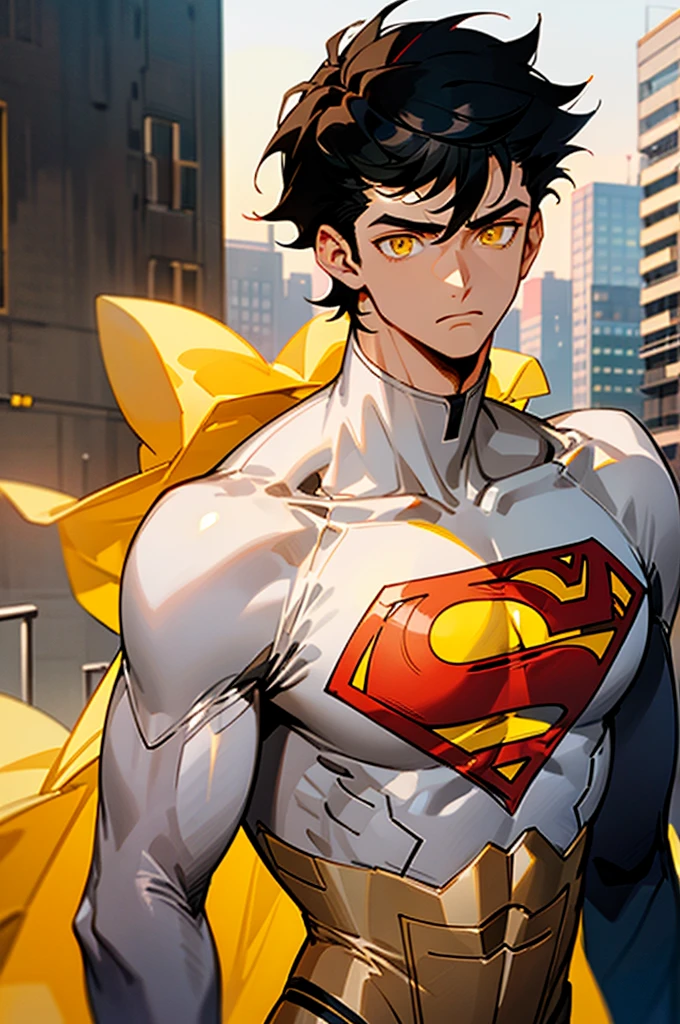 1male , Low taper fade , messy hair ,short hair, black Hair , golden Eyes , Lean ,teen male , white Body Suit , Serious Expression , Modern City Background , Yellow S symbol on chest, modern city background, upper body, superman shirt, arm, white arm sleeves, superhero suit,