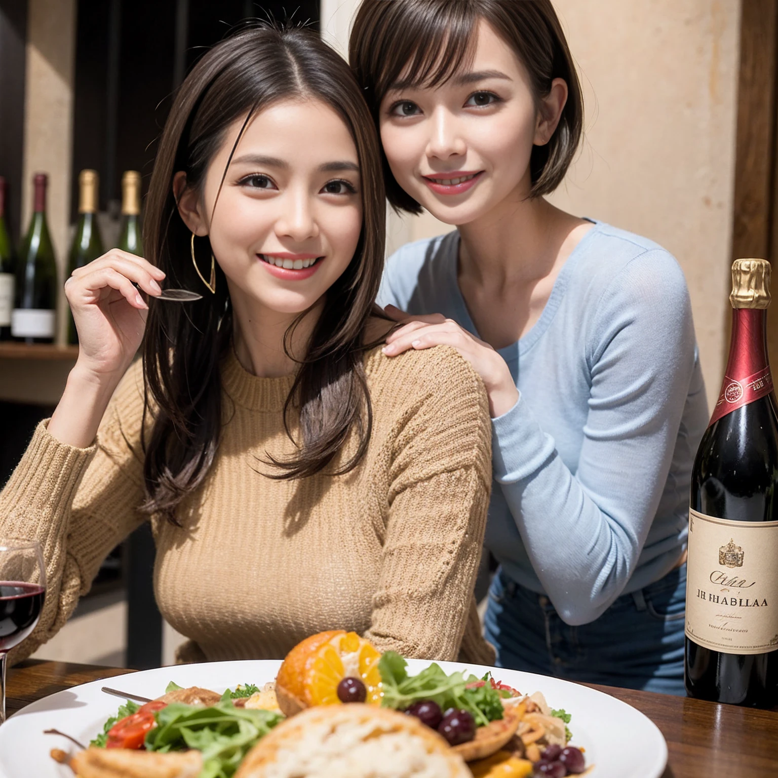 (Realistic:1.1),(masterpiece,Highest quality),8k,(49 years old), 53 years old, ベリーslimボディ、slimカップル、Tight waist,Upper Body,full-course dinner、wine 、Amazing view of the sunset sky and clouds、Perfect Anatomy, Brown Hair, short hair,Random Hairstyles,((Highly detailed face and eyes:1.2)),Perfect golden ratio face,Long sleeve shirt、dress,(smile:1.2)、Shortcuts、cute、(Realistic, Intricate details:1.2), A bright smile、short hair,Bright Face、赤wine 、Appetizers、Italian food、wine bottle、Champagne、スパークリングwine、(slimな顔), (The body is slim), (Brown Hair), (Shortcuts), Upper Body, 白wine, slim, wineグラス,