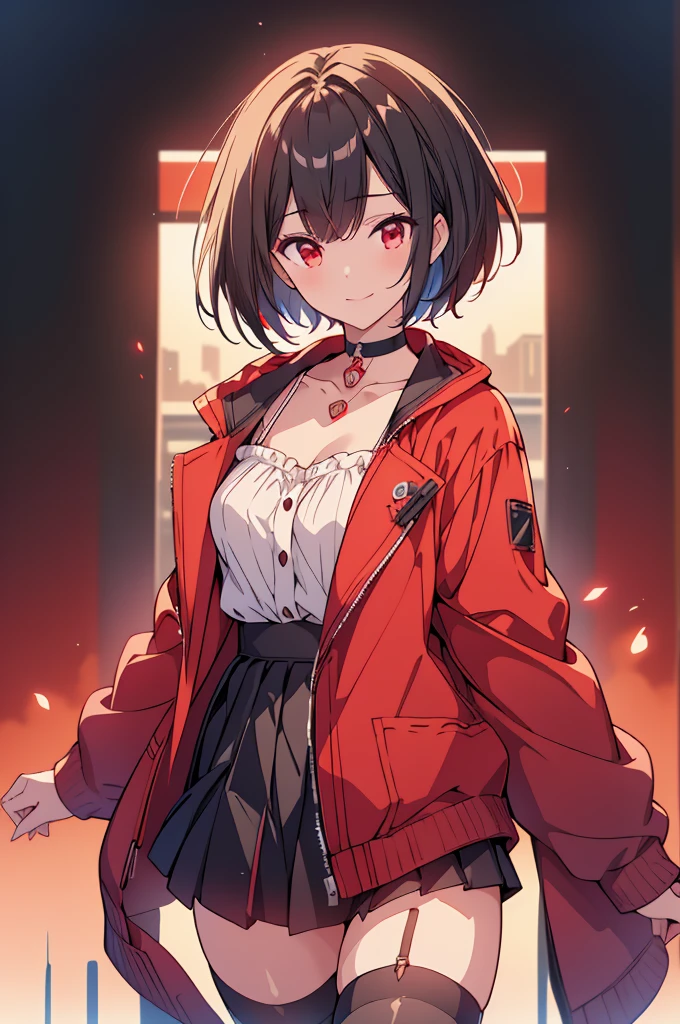 (masterpiece, highest quality, highest quality, (No text), Beautiful and aesthetic:1.2),No text,アニメ、BREAK,One Girl，Black Hair Girl　short hair　older sister　choker　Beautiful eyes　Red eyes　cool　smile　Black and Red　Cute clothes　Black jacket　stockings　whole body　In town