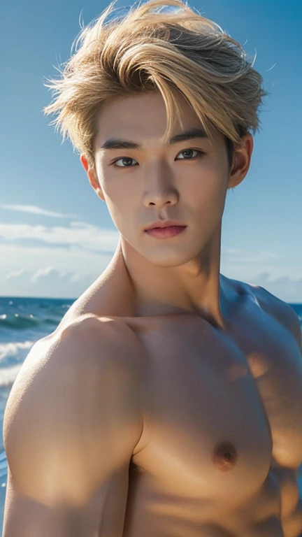 1 male, Korean, Host wind, Blonde, Upper body naked,jeans, Muscular, face, Realistic, photograph, Sideways Pose, real photograph, Ocean